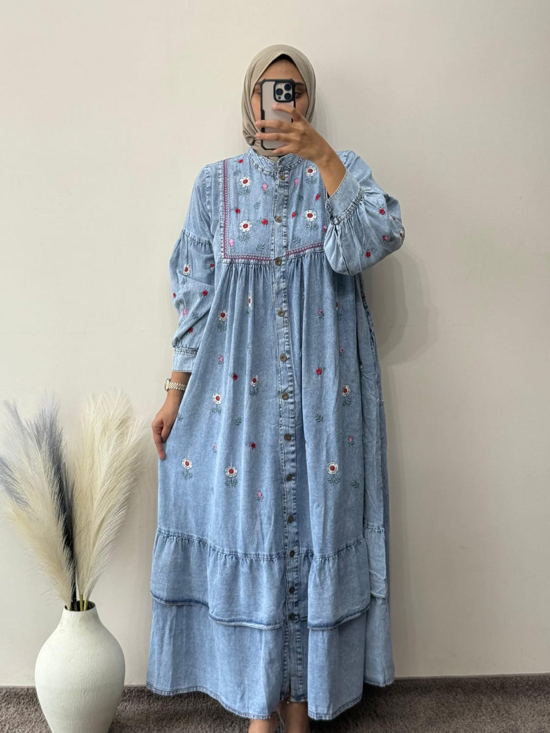 Denim Full Floral Embroidered Maxi Dress – AisenStudio