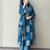 Cotton Floral Printed Y-Neck Straight Suit - Teal Blue