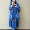Cotton Floral Appliqué Straight Suit Set - Blue