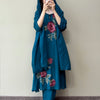 Cotton Cross-Stitch Embroidered Straight Suit Set - Teal Blue