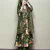 Cotton Floral Printed V-neck A-Line Suit Set - Green