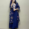 Crush Cotton Embroidered Floral Straight Suit Set - Blue