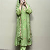 Crush Cotton Floral Embroidered A-Line Suit Set - Green