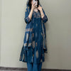 Cotton Floral Printed A-Line Suit Set - Blue