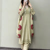 Cotton Self Weave Lace Trim Straight Suit Set - Cream