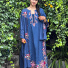 Cotton Floral Embroidered Scallop Hem Straight Suit Set - Blue
