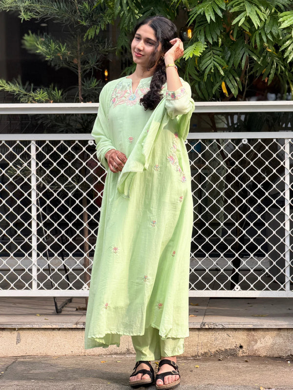 Mul Cotton Embroidered Motif Straight Suit Set - Pista