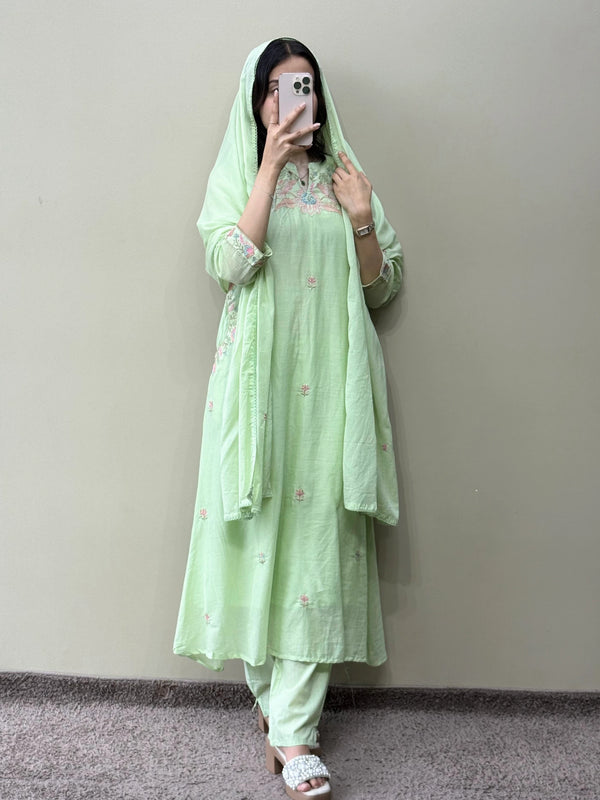 Mul Cotton Embroidered Motif Straight Suit Set - Pista