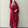 Cotton Mirror Work Scallop Neck Straight Suit Set - Red