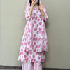 Cotton Tulip Printed Straight Suit Set - White & Pink