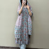 Cotton Floral Printed A-Line Suit Set - Blue
