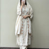 Flex Cotton Embroidered Scallop Sleeve Straight Suit Set - Cream