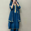 Cotton Digital Printed Mirror Work Straight Suit Set - Teal Blue