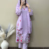 Cotton Dobby Floral Embroidered Straight Suit Set - Lavender