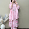 Cotton Floral Embroidered Pin-Tucked A-Line Suit Set - Pink