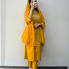 Slub Cotton Geometric Embroidered Straight Suit - Mustard