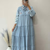 Denim Yoke Embroidered Tiered Gown