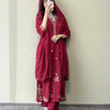 Cotton Embroidered Neck A-Line Suit - Red