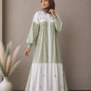 Linen Striped Embroidered Tiered Collar Gown