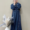 Denim Floral Embroidered Zipper Gown