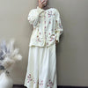 Linen Floral Embroidered Smocked Cuff Shirt & Skirt Set