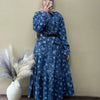 Denim Floral Printed Tiered Shirt Gown with Belt - Blue